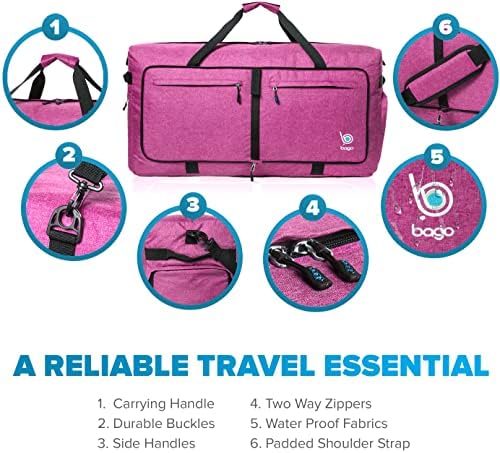 Bago Large Foldable Duffel Bags for Traveling Women & Men - 80L Packable Duffle Bag for Travel with Shoe Compartment - Water Repellant, Heavy Duty, Lightweight Folding & Collapsible (SnowPink) - Image 8