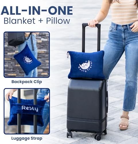 Resty Travel Blanket - Compact Airplane Blanket with Bag - Small and Lightweight Traveling Blanket & Pillow - Portable Blankets with Carabiner for Easy Transport - Plane Train Car (Navy Blue) - Image 3