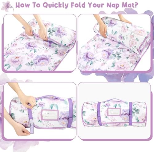 Toddler Nap Mat with Removable Pillow & Soft Minky Blanket, HNHUAMING Extra Large Rolled Napping Mats for Girls Boys, Purple Kids Slumber Bags for Daycare, Preschool Travel Camping, Floral - Image 8