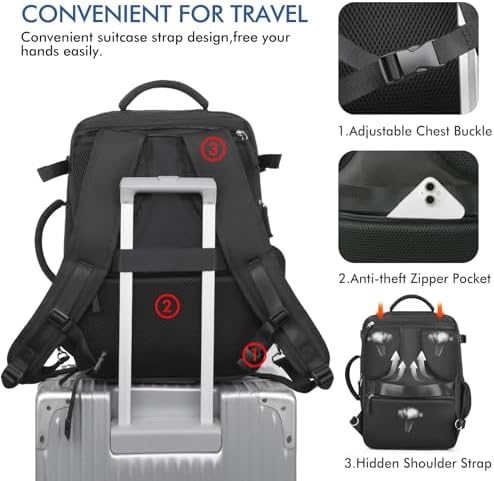 Beraliy Travel Backpack for Men Women, Large Carry On Backpack, Personal Item Bag Airline Approved, 17 inch Laptop Backpack, Business Work Gym Weekender Bag, Black - Image 6