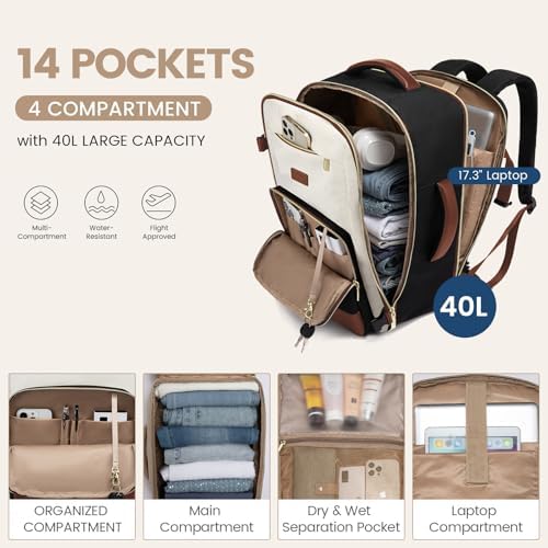 LOVEVOOK Travel Backpack for Women,40L Carry On Backpack Flight Approved,TSA Personal Item Travel Bag Fits 17.3" Laptop with 3 Packing Cubes,Large Waterproof Daypack,Beige and black and brown - Image 3