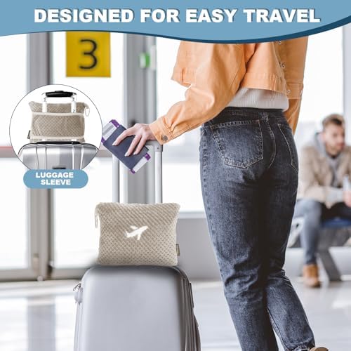 Travel Blanket Airplane Compact with Bag, Travel Essentials 3 in 1 Packable Airplane Blanket, Travel Pillow and Blanket Set, Inflatable Pillow, Luggage Sleeve & Backpack Clip (Camel) - Image 4