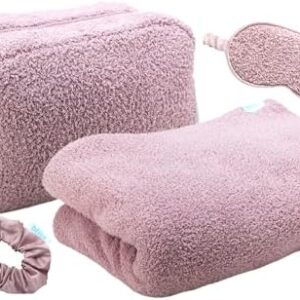 Bliss Womens Travel Blanket Set - 4 Piece Plush Microfiber Packable Travel Blanket with Relaxing Sleep Mask, Carry On Case, and Satin Hair Tie, Pink Gaze