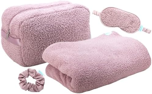 Bliss Womens Travel Blanket Set - 4 Piece Plush Microfiber Packable Travel Blanket with Relaxing Sleep Mask, Carry On Case, and Satin Hair Tie, Pink Gaze