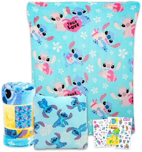 Disney Lilo and Stitch Travel Blanket and Pillow Set - Bundle with 40"x 50" Throw Blanket, Pillow, Stickers, More | Lilo and Stitch Travel Accessories for Kids, Girls