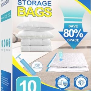 10 Pack Jumbo Vacuum Storage Bags with Hand Pump, Plastic Packaging Bags, 80% Space Saver Vacuum Seal Bags for Clothing, Travel Lugggage, Blankets, Comforters