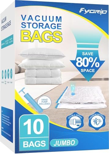 10 Pack Jumbo Vacuum Storage Bags with Hand Pump, Plastic Packaging Bags, 80% Space Saver Vacuum Seal Bags for Clothing, Travel Lugggage, Blankets, Comforters