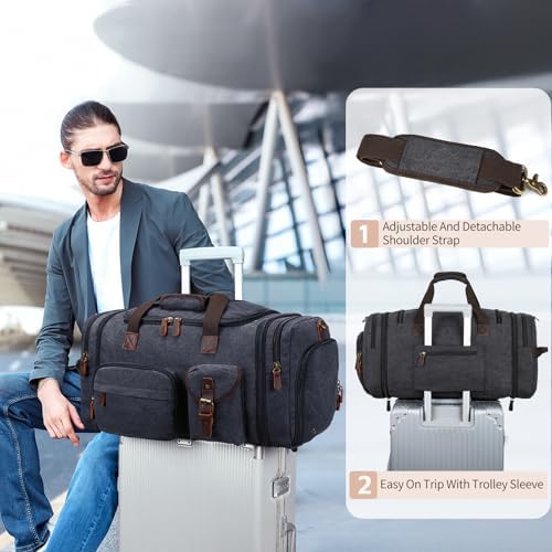 Mens Duffle Bag for Travel 3Pcs Set Travel Bags for Men 60L Expandable Canvas Bag (Dark Gray) - Image 5