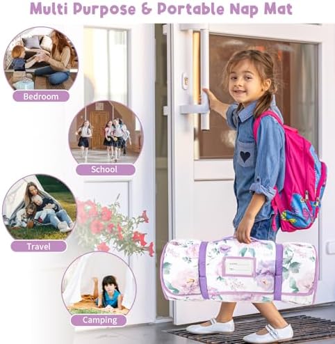 Toddler Nap Mat with Removable Pillow & Soft Minky Blanket, HNHUAMING Extra Large Rolled Napping Mats for Girls Boys, Purple Kids Slumber Bags for Daycare, Preschool Travel Camping, Floral - Image 7
