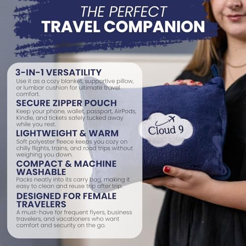 Cloud 9 Airline Travel Blanket Compact with Bag, Airplane Blanket for Long Flight, 3 in 1 Neck Pillow, Lumbar Support, Premium Airplane Accessories, Security Pouch, 300 GSM, Polyester Fleece - Image 6