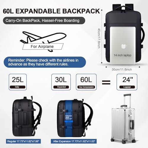 Vacuum Backpack Travel with Pump, 60L Expandable Vacuum Compression Backpack with Vacuum Seal, Water Resistant TSA Lock Carry On Backpack for Travel - Image 2