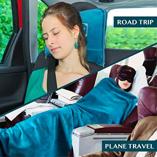 PAVILIA Travel Blanket Pillow in Soft Bag with Pockets, Airplane Blanket Set, Plane Blanket Compact Packable, Flight Essentials Car Pillow, Travelers Accessories Gifts, Luggage Strap, Turquoise - Image 6