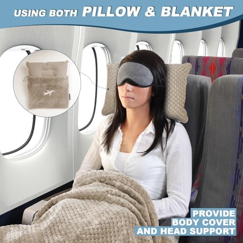 Travel Blanket Airplane Compact with Bag, Travel Essentials 3 in 1 Packable Airplane Blanket, Travel Pillow and Blanket Set, Inflatable Pillow, Luggage Sleeve & Backpack Clip (Camel) - Image 3
