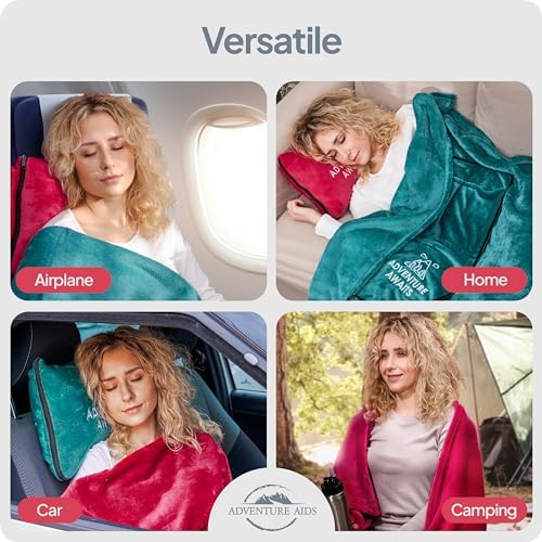 Travel Blanket & Pillow Set of 2- Super Soft 2-in-1 Compact Blanket with Hand & Feet Pouches, Converts into Plush Pillow, Large Size for Airplanes, Travel Essentials, Luggage Sleeve & Clip (Teal/Red) - Image 4