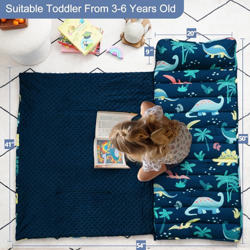 PHF Toddler Nap Mat with Removable Pillow and Minky Fleece Blanket, Rollup Design Warm Slumber Bags for Boys, 50"x20"x2" Kids Sleeping Bag for Daycare Preschool Travel Camping, Dinosaur - Image 8