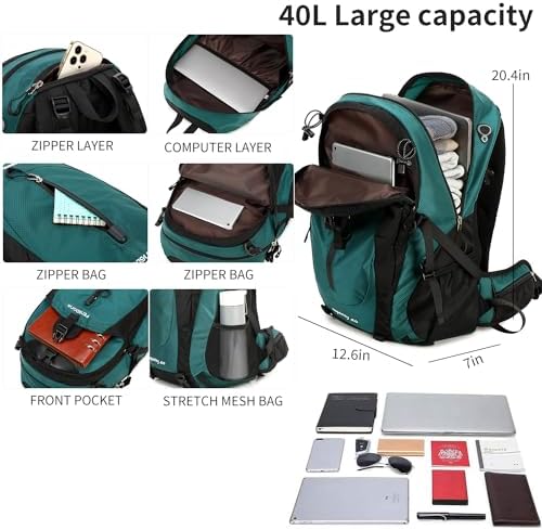 40L Waterproof Lightweight Outdoor Daypack Hiking,Camping,Travel Backpack for Men Women Dark Green - Image 3