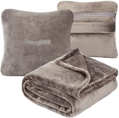 Travel Blanket Pillow, Premium 2 in 1 Flannel Airplane Blanket Compact for Travel,Office, Home,Travel Essentials Accessories for Plane and Car,Compact Office Blanket (Gray)