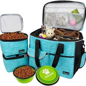 PetAmi Travel Bag Organizer - Dog & Cat Diaper Bag with Food Container and Bowls, Perfect for Weekend Camping (Sea Blue, Large)