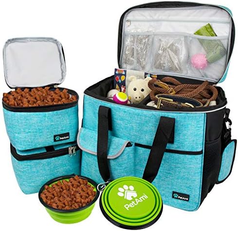 PetAmi Travel Bag Organizer - Dog & Cat Diaper Bag with Food Container and Bowls, Perfect for Weekend Camping (Sea Blue, Large)