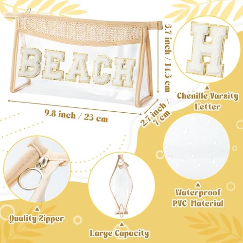 Boho Patch Beach Cosmetic Bag - Summer BEACH Chenille Varsity Toiletry Makeup Bag Beige Letter Clear Waterproof Travel PVC Zipper Clutch Daily Use Purse Summer Makeup Pouch for Women Girls - Image 2