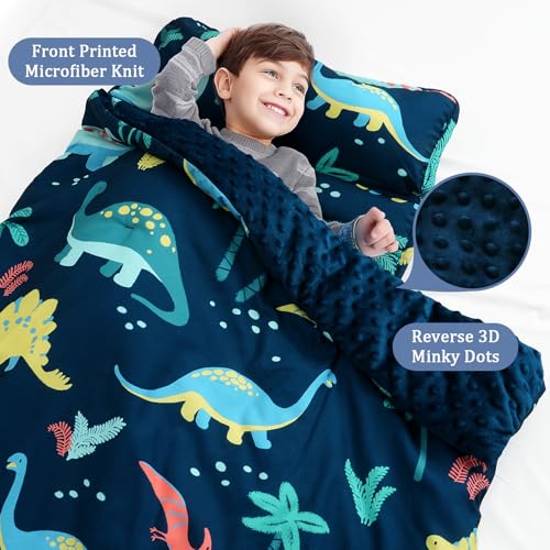 PHF Toddler Nap Mat with Removable Pillow and Minky Fleece Blanket, Rollup Design Warm Slumber Bags for Boys, 50"x20"x2" Kids Sleeping Bag for Daycare Preschool Travel Camping, Dinosaur - Image 2