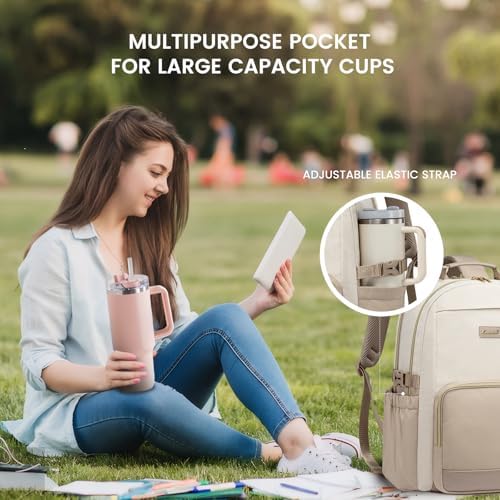 LOVEVOOK Laptop Backpack for Women with Pouch Pocket for Large Capacity Cup,15.6 Inch Laptop Computer Bag Travel Backpack Purse,Waterproof Work Business Backpack College Teacher Bags,Beige-Khaki - Image 2