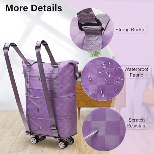 WOOMADA Expandable Foldable Rolling Duffel Bag with Wheels, Detachable Rolling Backpack Weekend Bag for Travel, Gift for Parents, Spouse(Lavender Checkerboard) - Image 7