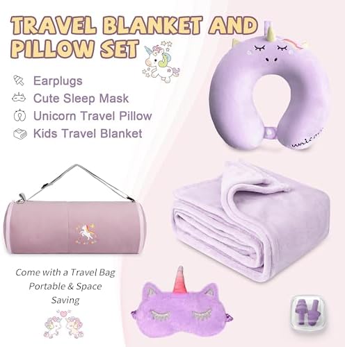 Kids Travel Blanket and Pillow- Premium Soft Purple Airplane Blanket with Adjustable Travel Bag, Hand Luggage Belt Compact Pack Large Blanket for Car, Road Trip, Home Use (60"*41" in) - Image 2