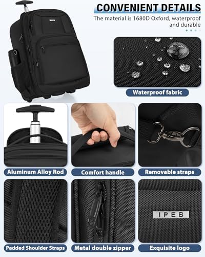 Rolling Business Backpack Fits Up to 18 Inch Laptop Trolley Bag Waterproof Wheeled Travel Bag Black - Image 3
