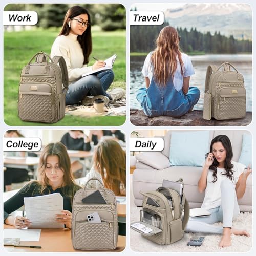 Laptop Backpack for Women,15.6 Inch Laptop Backpack for Work,Waterproof Travel Backpack,College Bookbag with Wallet (Khaki) - Image 6