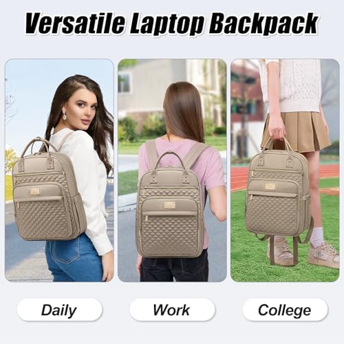 Laptop Backpack for Women,15.6 Inch Laptop Backpack for Work,Waterproof Travel Backpack,College Bookbag with Wallet (Khaki) - Image 7