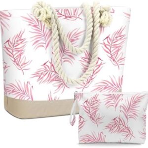BELLOWDEER Beach Bags for Women, Wet Bag Cosmetic Bag, Pool Waterproof Shoulder Tote Bags, Pocket Zipper Summer Travel Essentials, Gifts for Women Birthday - Pink Palm Leaves (2-Piece Set)