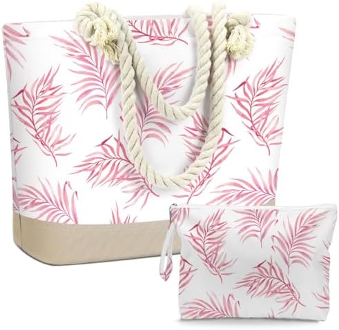 BELLOWDEER Beach Bags for Women, Wet Bag Cosmetic Bag, Pool Waterproof Shoulder Tote Bags, Pocket Zipper Summer Travel Essentials, Gifts for Women Birthday - Pink Palm Leaves (2-Piece Set)