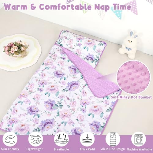 Toddler Nap Mat with Removable Pillow & Soft Minky Blanket, HNHUAMING Extra Large Rolled Napping Mats for Girls Boys, Purple Kids Slumber Bags for Daycare, Preschool Travel Camping, Floral - Image 2