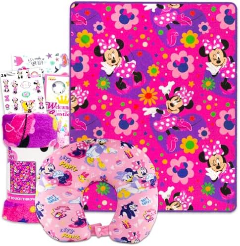 Disney Minnie Mouse Travel Blanket and Pillow Set - Bundle with 40"x 50" Throw Blanket, Neck Pillow, Stickers, More | Minnie Mouse Travel Accessories for Kids, Girls