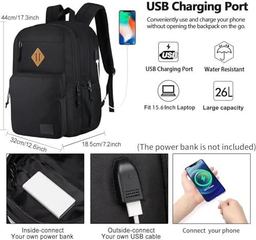 KEOFID Travel backpack for Men and Women, Anti Theft Laptop Backpack with USB Charging Port for Work, Large Bag for College, Water Resistent(Black) - Image 2