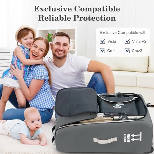 Stroller Bag for Airplane, Stroller Travel Bag Compatible with UPPAbaby Vista, Vista V2, Cruz V2, Rolling Wheel Bag with Storage Pocket, Multiple Handles, Luggage Tag for Flight Travel, Grey - Image 2