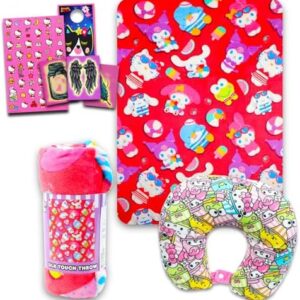 SANRIO Hello Kitty Neck Pillow and Blanket Set - Bundle Hello Kitty Boba Travel Neck Pillow, Hello Kitty Fleece Blanket, Stickers, More | Hello Kitty Travel Accessories