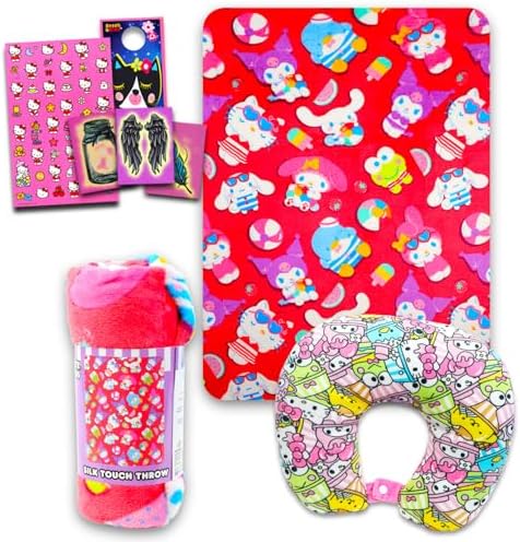 SANRIO Hello Kitty Neck Pillow and Blanket Set - Bundle Hello Kitty Boba Travel Neck Pillow, Hello Kitty Fleece Blanket, Stickers, More | Hello Kitty Travel Accessories