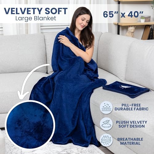 Resty Travel Blanket - Compact Airplane Blanket with Bag - Small and Lightweight Traveling Blanket & Pillow - Portable Blankets with Carabiner for Easy Transport - Plane Train Car (Navy Blue) - Image 6