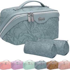 BOYATU Travel Makeup Bags Cosmetic Organizer Bag: 3-Set Large Capacity Make up Bag - PU Leather Toiletry Bags for Women - Wide Open Portable Pouch with Divider & Handle (01-Light Blue)