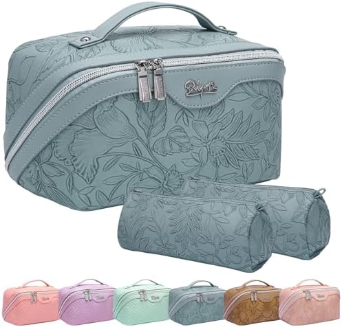 BOYATU Travel Makeup Bags Cosmetic Organizer Bag: 3-Set Large Capacity Make up Bag - PU Leather Toiletry Bags for Women - Wide Open Portable Pouch with Divider & Handle (01-Light Blue)