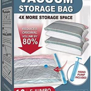 10 Pack Vacuum Storage Bags with Pump, 5 Jumbo and 5 Large Space Saver Vacuum Storage Bags, Vacuum Seal Bags for Clothing, Comfoters, Pillows, Blanket, Bedding
