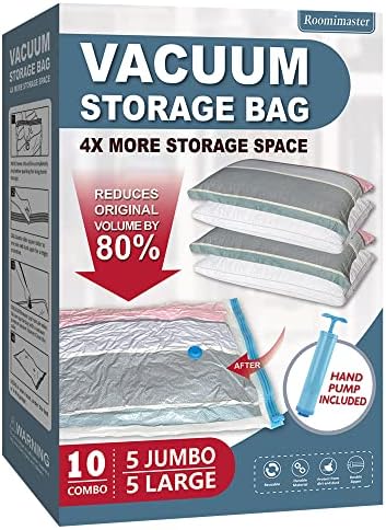 10 Pack Vacuum Storage Bags with Pump, 5 Jumbo and 5 Large Space Saver Vacuum Storage Bags, Vacuum Seal Bags for Clothing, Comfoters, Pillows, Blanket, Bedding
