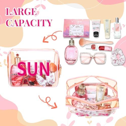 Clear Makeup Bag 9.4"x7"x3.5" Pink Travel Toiletry Bag Large Cosmetic Pouch PVC Waterproof Transparent Zippered Organizer for Women Girl Summer Beach (Sun) - Image 5
