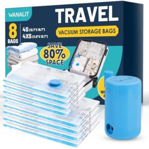 Vacuum Storage Bags for Travel, 8 Pack (4S+4XS) Vacuum Seal Bags with Wireless Rechargeable Electric Pump, Travel Essentials Space Saving Bag for Clothes, Luggage, Carry-on Suitcase, Backpack, Trip