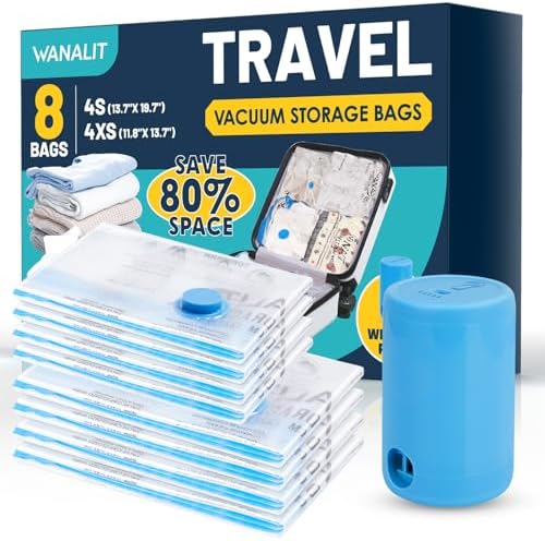 Vacuum Storage Bags for Travel, 8 Pack (4S+4XS) Vacuum Seal Bags with Wireless Rechargeable Electric Pump, Travel Essentials Space Saving Bag for Clothes, Luggage, Carry-on Suitcase, Backpack, Trip