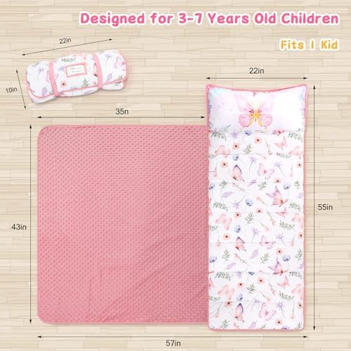 Pea Pod Toddler Nap Mat with Pillow & Fleece Blanket Ultra Soft Kids Rolled Napping Mats for Daycare, Preschool-Kindergarten, Slumber Bags for Boys Girls, Fits Ages 3-7 Years, Butterfly - Image 2