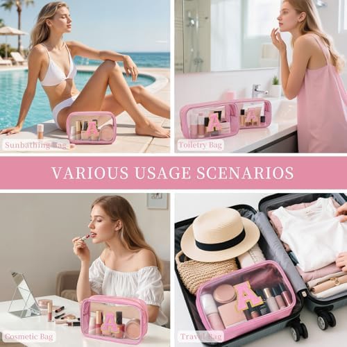 Personalized Initial Letter Makeup Bag Clear Preppy Cosmetic Pouch Waterproof Zipper Beach Travel Toiletry Bag Organizer for Women Pink L - Image 6