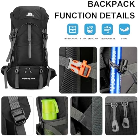 ShowyLive 70L Hiking Backpack Men/Women, Lightweight Camping Backpack, Foldable & Packable Daypack Backpacks for Outdoor, Travel Bag With Rain Cover (Black) - Image 3